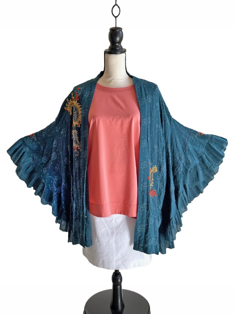 FREE PEOPLE Dottie West Kimono Top Boho Teal Ruffled Embroidered Oversized